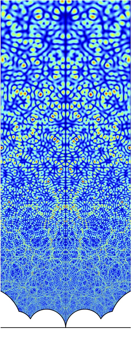 wavy blue and yellow pattern in a tall rectangle with a curved lower edge